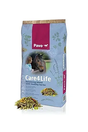 Bolsa de comida para mascotas Pavo Care4Life en color azul claro con imagen de caballo y granos.