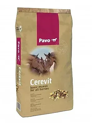Bolsa de pienso Pavo Cerevit con logo de caballo, envase en color tostado y magenta.