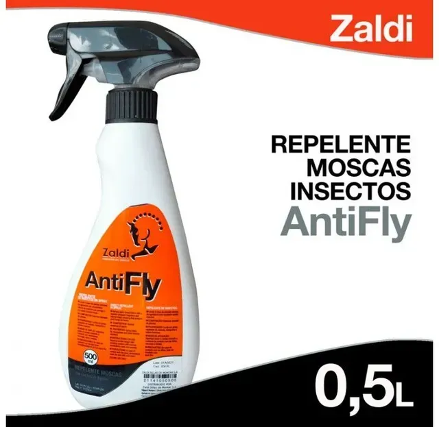Botella de repelente de moscas AntiFly Zaldi, 0,5 L, con pulverizador blanco y etiqueta naranja.
