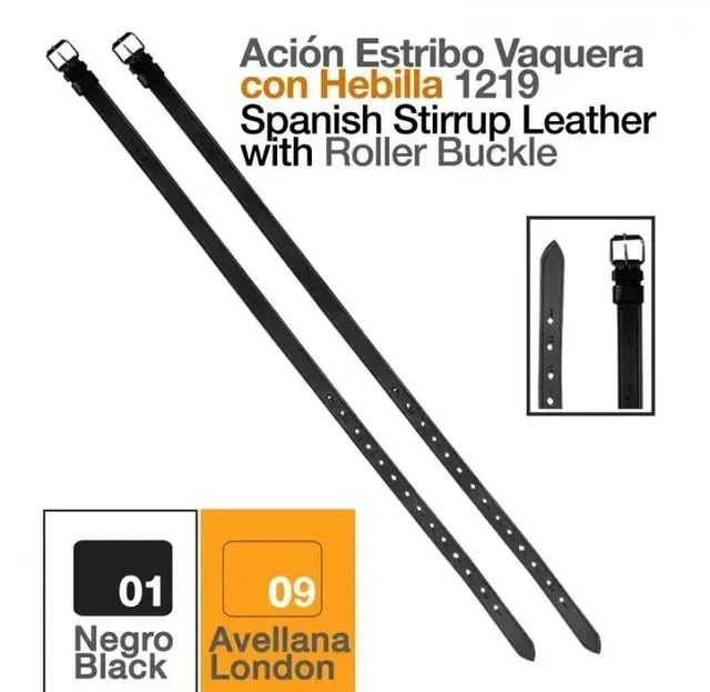 Estribo español de piel con hebilla de rodillo, color negro. Se muestra como imagen de producto.