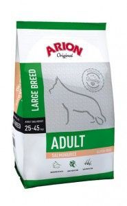 Bolsa de comida para perros adultos de raza grande Arion Original, blanca y verde con silueta de perro.