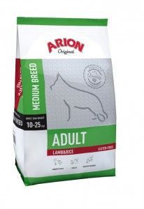 Bolsa de comida para perros Arion Original Adult de raza mediana, envase blanco, verde y rojo.