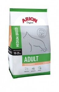 Bolsa de alimento para perros Arion Original Adult de raza mediana, envase blanco y verde.