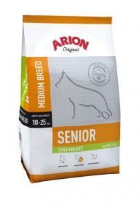 Bolsa de alimento para perros ARION Origins Senior de raza mediana en envase blanco, naranja y gris.