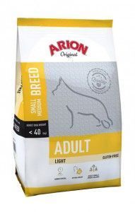 Bolsa de comida ligera para perros adultos ARION Original, envase blanco y amarillo con silueta de perro.
