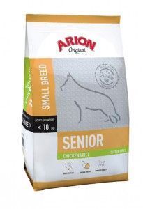 Bolsa de comida para perros Arion Original Senior de raza pequeña, envase blanco y dorado con silueta de perro.