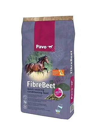 Bolsa de pienso para caballos Pavo FibreBeet con ilustración de caballo, envase azul y magenta.
