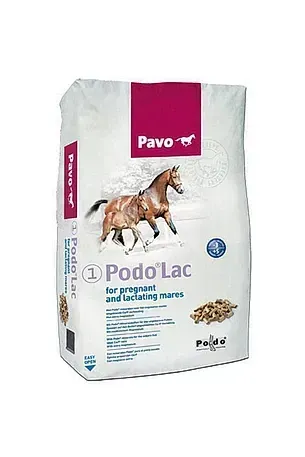 Bolsa de pienso para caballos Pavo PodoLac con imagen de un caballo sobre fondo blanco.