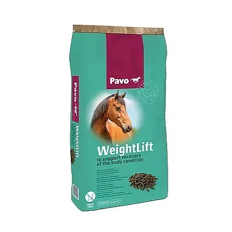Bolsa para pienso de caballo Pavo WeightLift en color verde azulado y granate con imagen de cabeza de caballo.