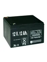 Paquete de baterías recargables negras de 12 V y 12 Ah con etiqueta blanca.