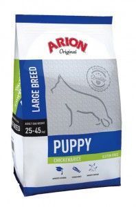 Bolsa de pienso seco ARION Original para cachorros de razas grandes, envase blanco y azul con silueta de perro.