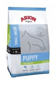 Bolsa de comida para cachorros de raza pequeña Arion Originals, azul y blanca con silueta de perro.