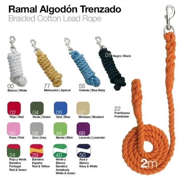 Tabla de productos de cuerda de algodón trenzado con muestras de color y una cuerda naranja en un gancho, 2 m de largo.