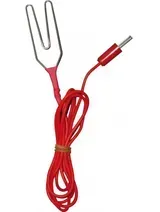 Diapasón de metal con mango rojo, cable en espiral y enchufe.