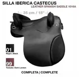 Silla de montar Iberica cassecus de cuero negro, vista lateral, etiquetada como 35 cm / 15
