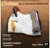 Black vaquera saddle with white fleece and stirrups, labeled