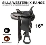 Silla de montar western sintética SILLA WESTERN X-RANGE negra, de 16 pulgadas, con detalles marrones y correas para estribos.