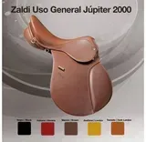Silla de cuero marrón estilo silla de montar con la etiqueta “Zaldi Uso General Júpiter 2000” y muestras de color debajo.