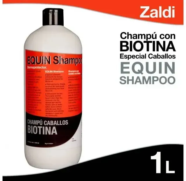 Champú Zaldi Equin para caballos con biotina, botella de 1 litro sobre fondo blanco.