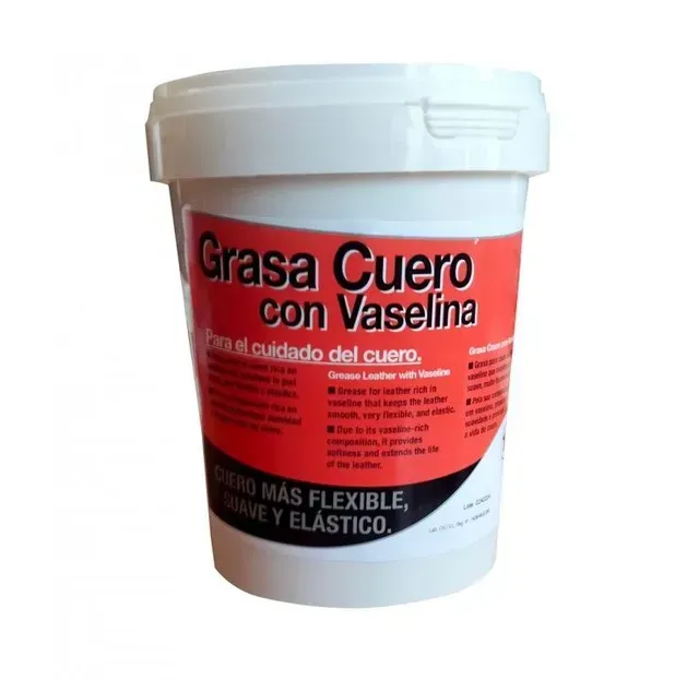 Tarro blanco de grasa para cuero con vaselina y etiqueta roja y negra
