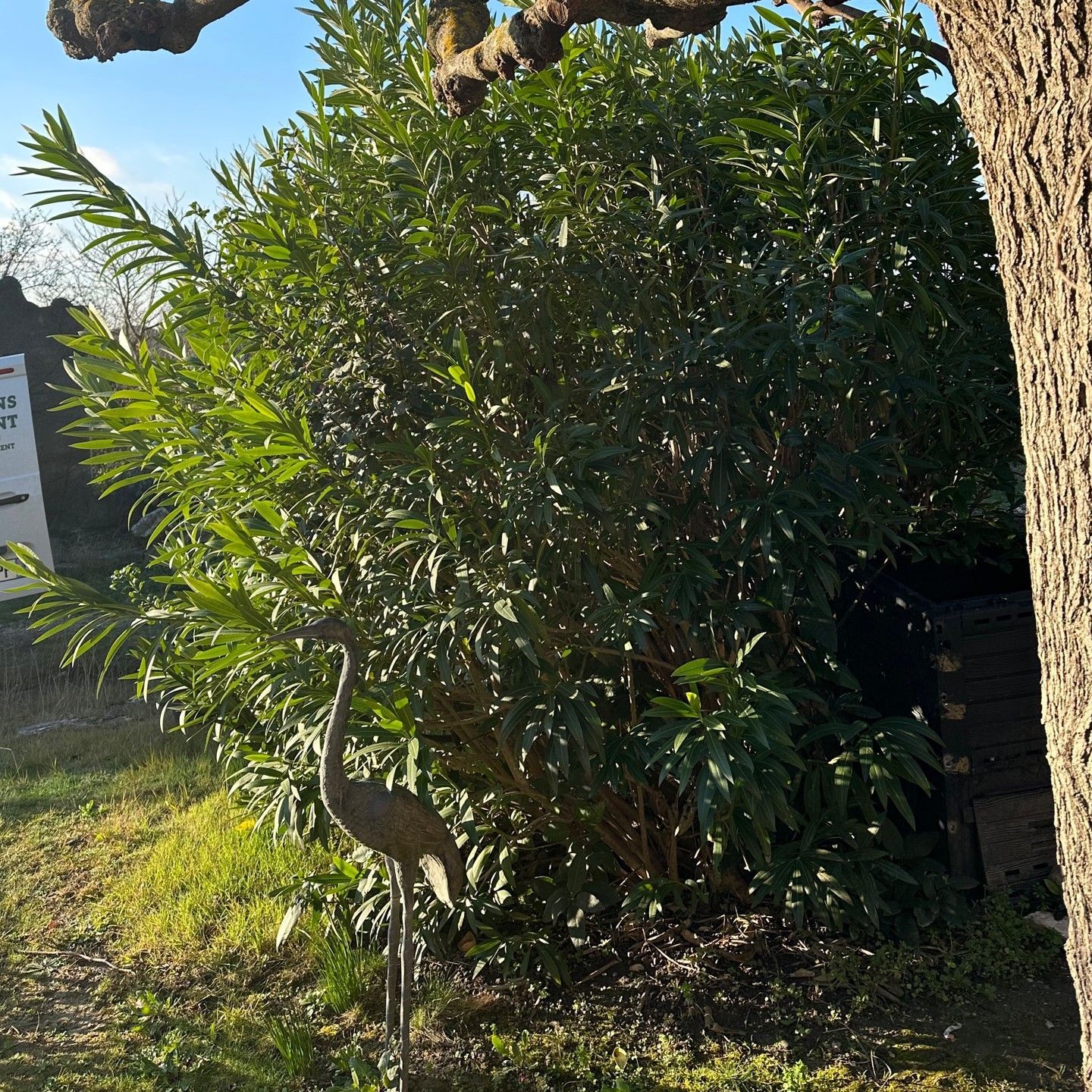 Statue de héron en métal devant un buisson vert et un arbre par une journée ensoleillée.
