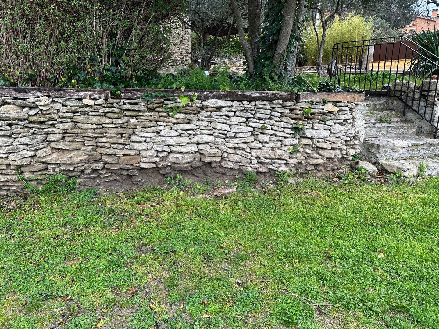 Mur de soutènement en pierre dans une cour herbeuse, surmonté de bois et de végétation, avec des escaliers menant à l'étage.