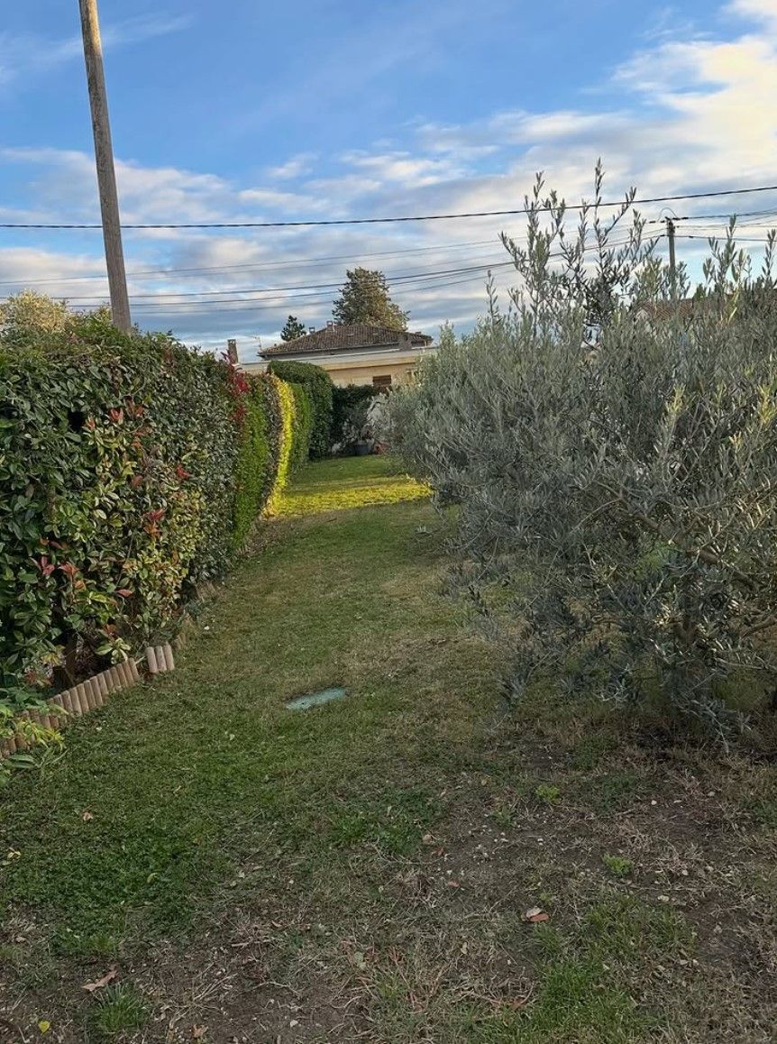 Un chemin herbeux et verdoyant, bordé de haies et de buissons, mène à une structure sous un ciel bleu nuageux.