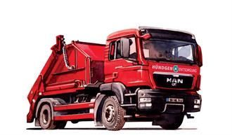 Roter MAN Müllwagen mit Containerheber; der Wagen steht auf weißem Grund.