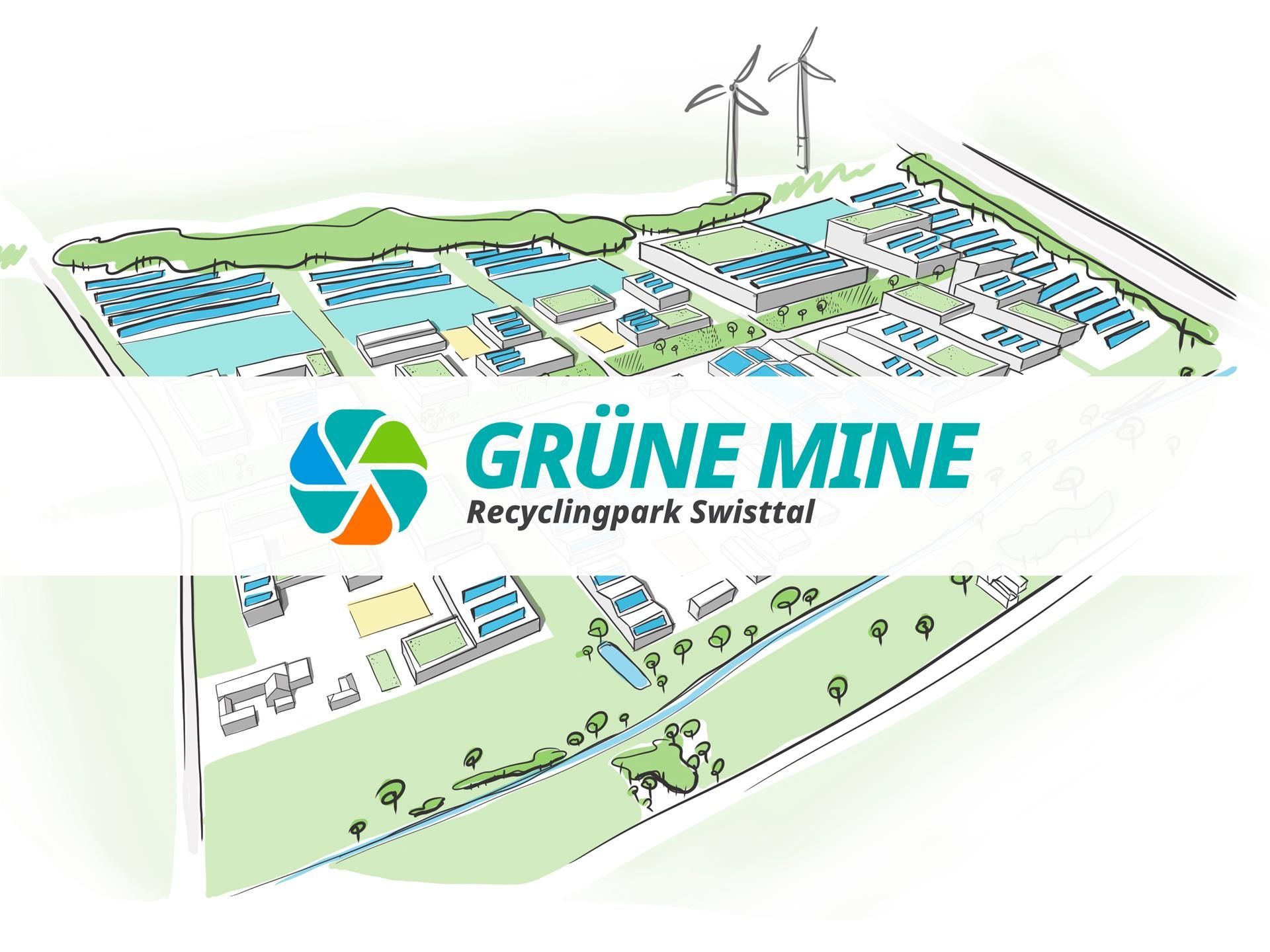 Grüne Mine Recyclingpark Swisttal Abbildung: Industriegelände mit Grünflächen, Solaranlagen und Windrädern.