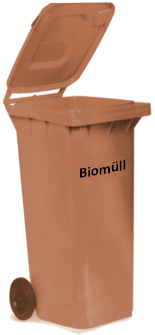 Braune Mülltonne mit geöffnetem Deckel, Aufschrift „Biomüll“