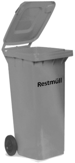 Graue Mülltonne mit offenem Deckel, Aufschrift „Restmüll“ und einem sichtbaren Rad.