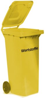 Gelbe Wertstofftonne mit geöffnetem Deckel; Aufschrift „Wertstoffe“.