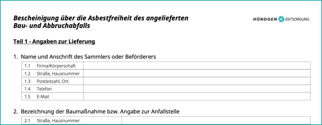 Anzeige der HÜNDGEN ENTSORGUNG mit den Annahmebedingungen für Asbestabfälle in Containern und auf Recyclinghöfen. Inklusive Bigbag-Motiv.