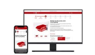 Website mit Recyclinglösungen, angezeigt auf einem Computermonitor und einem Smartphone. Auf beiden Bildschirmen ist eine rote Recyclingtonne zu sehen.