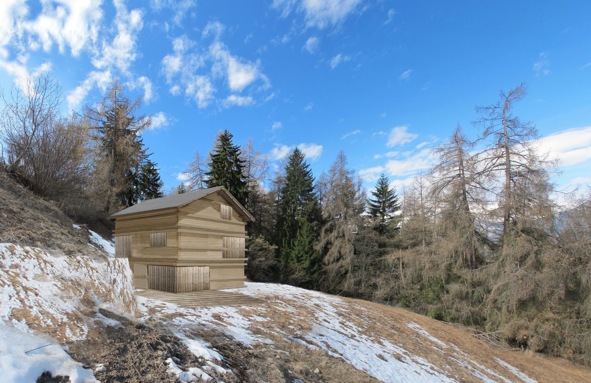 Une petite maison en bois au milieu d'une forêt enneigée