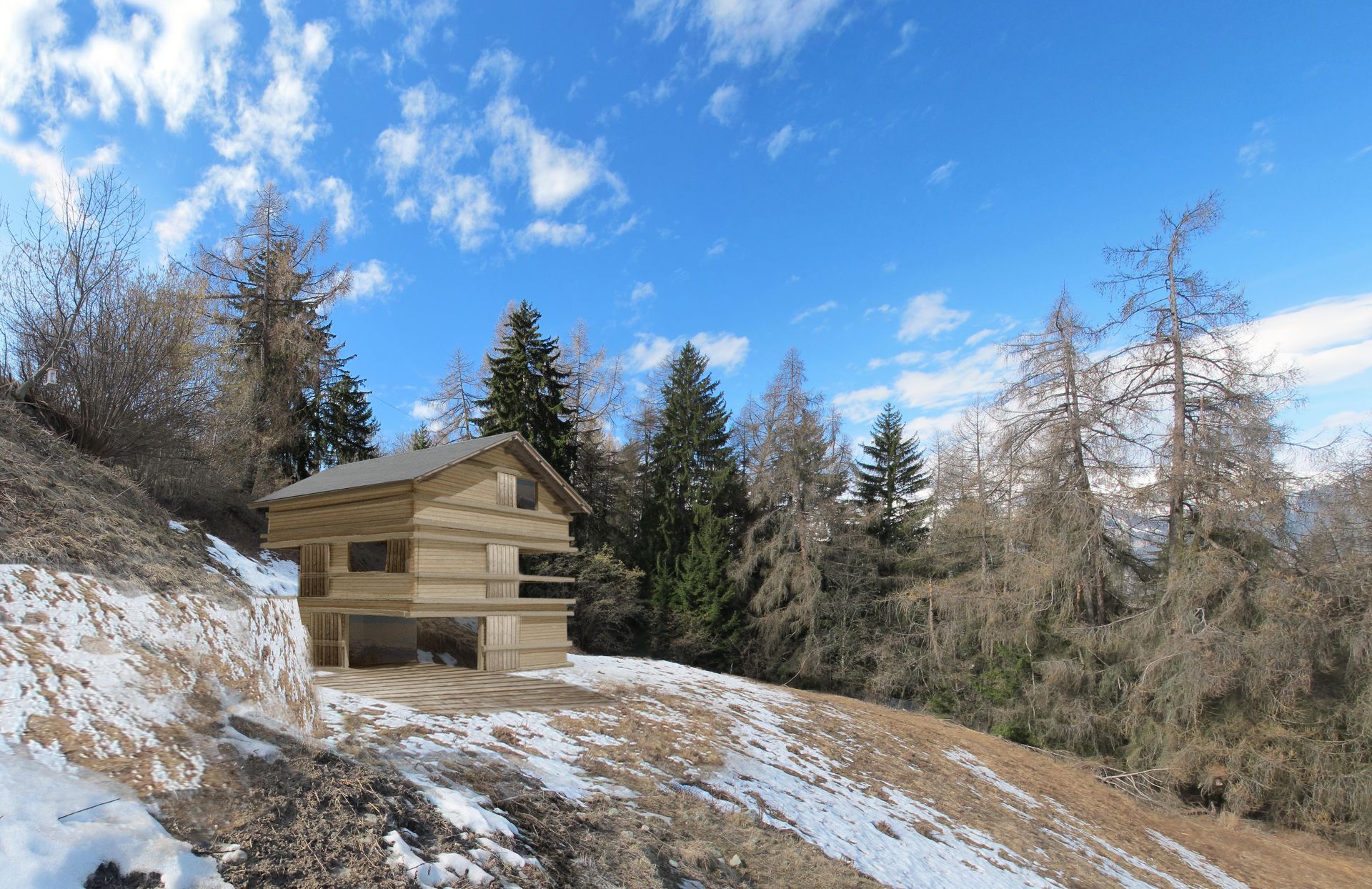Une cabane en bois au milieu d'une forêt enneigée