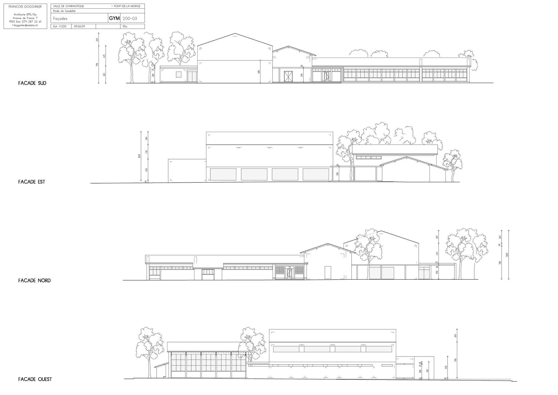 Un dessin en noir et blanc d'un bâtiment avec des arbres devant.