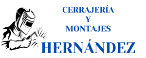 Logotipo de Cerrajería y Montajes Hernández. Un soldador con máscara soldando con el nombre de la empresa en azul.
