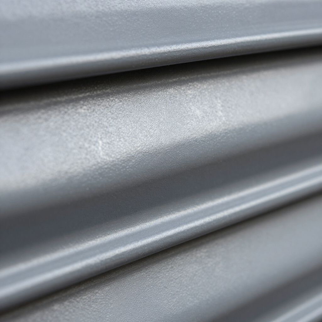 Persiana enrollable de metal gris, vista de cerca.