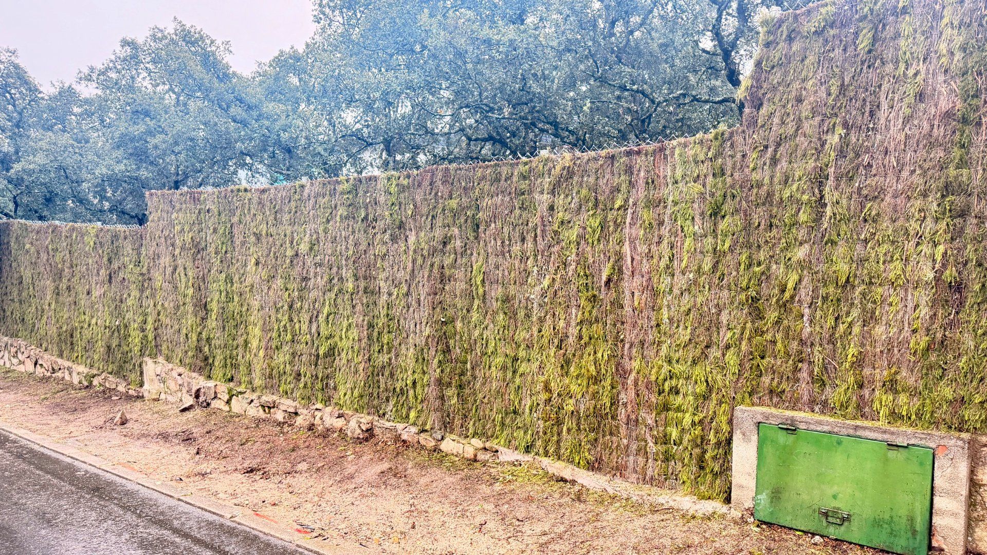 Dos personas trabajando en una valla oscura al aire libre; día soleado.