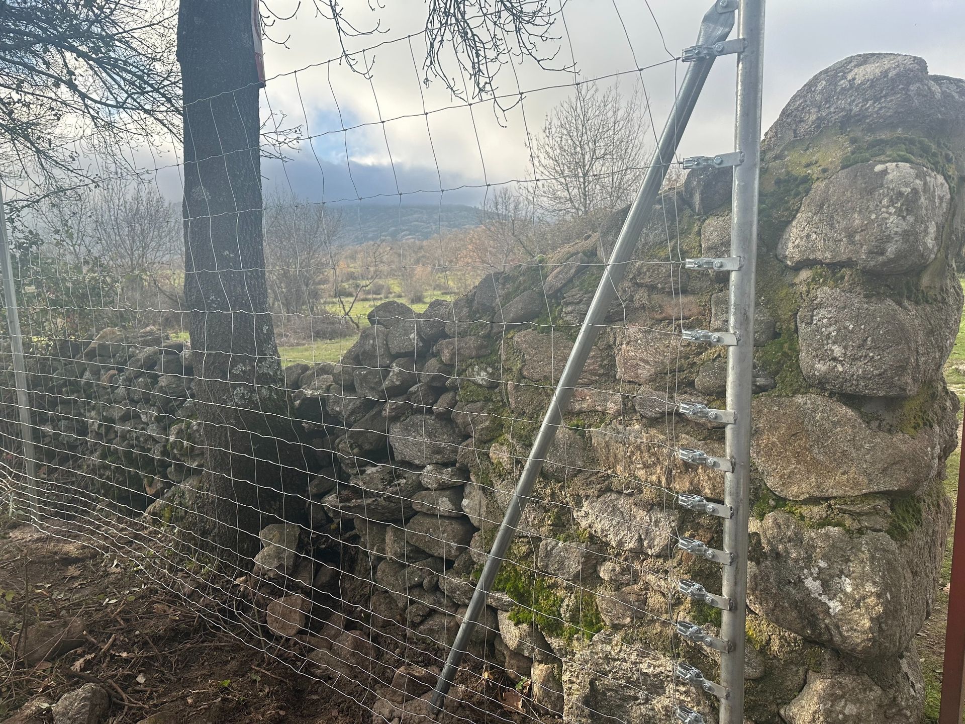 Muro de piedra con alambrada, portón metálico y árboles en un entorno rural. Montañas a lo lejos.