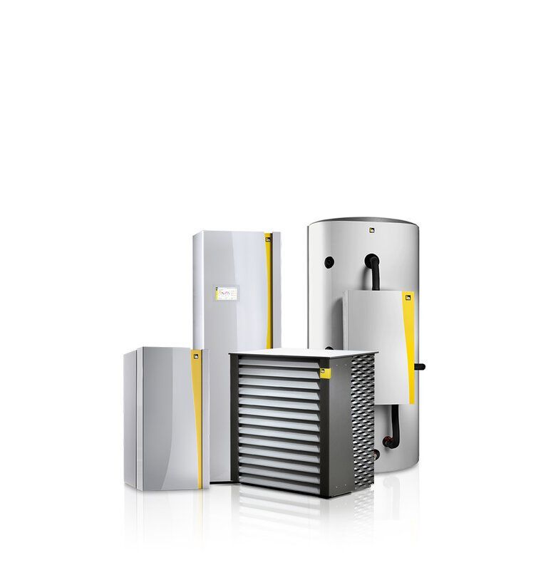 Sammlung von Wärmepumpen in verschiedenen Formen, mit grauen und gelben Akzenten, vor weißem Hintergrund.