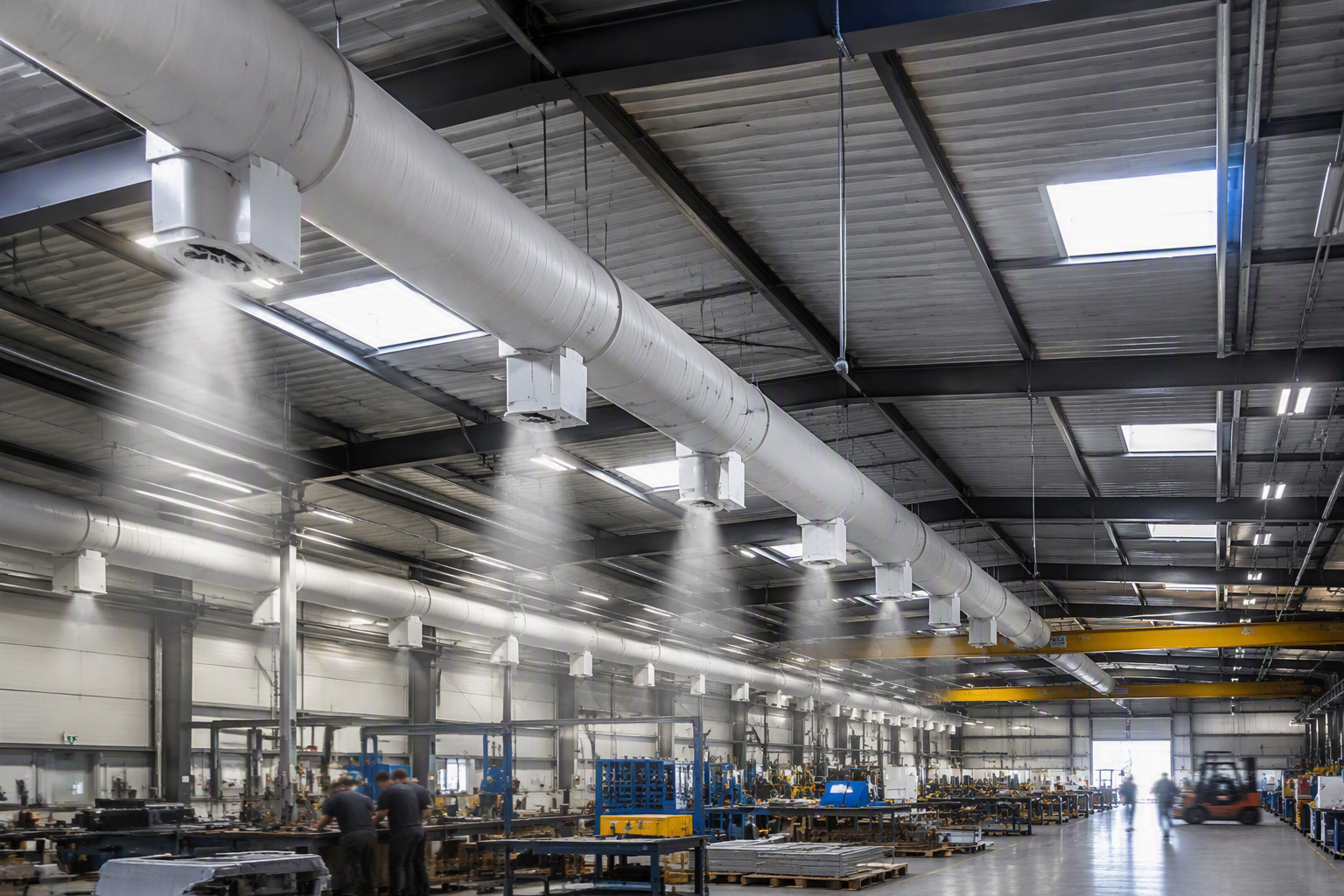 Intérieur d'un entrepôt industriel avec des rangées de machines et des puits de lumière lumineux au plafond