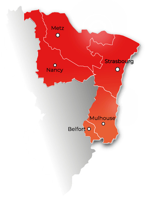 Carte rouge du nord-est de la France montrant Metz, Nancy, Strasbourg, Mulhouse et Belfort.