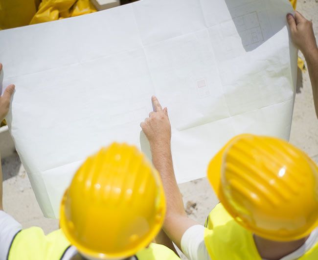 Des ouvriers portant des casques de chantier jaunes examinent un grand plan ou schéma blanc sur un chantier de construction.