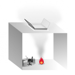 Un minuscule bureau cubique avec un ordinateur portable sur le toit, un bureau et une chaise à l'intérieur, et un feu au centre.