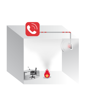 Pièce en 3D avec un feu de bureau, une icône de téléphone rouge et un détecteur de fumée mural qui sonne l'alarme.