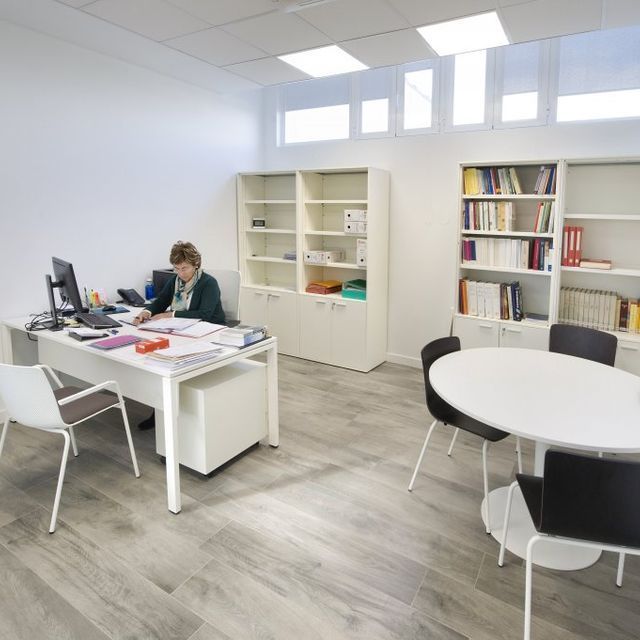 Una mujer se sienta en un escritorio con una computadora en una oficina.