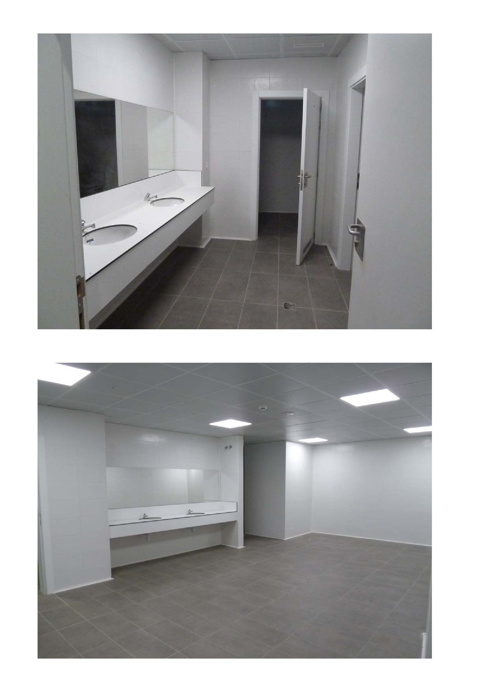 Dos fotos de un baño con lavabos y espejos.