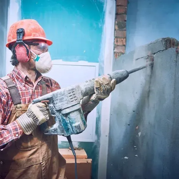 Un hombre que lleva un casco y una máscara está usando un martillo para perforar un agujero en una pared.